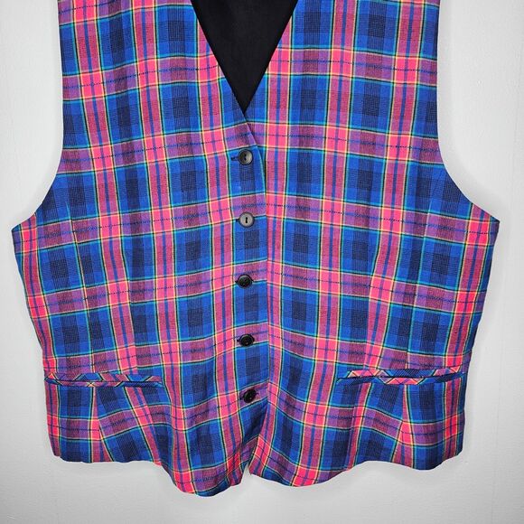 Vintage TALBOTS Plaid Vest 16 Preppy Academia Bright Quirky Pink Purple Blue - Picture 2 of 5